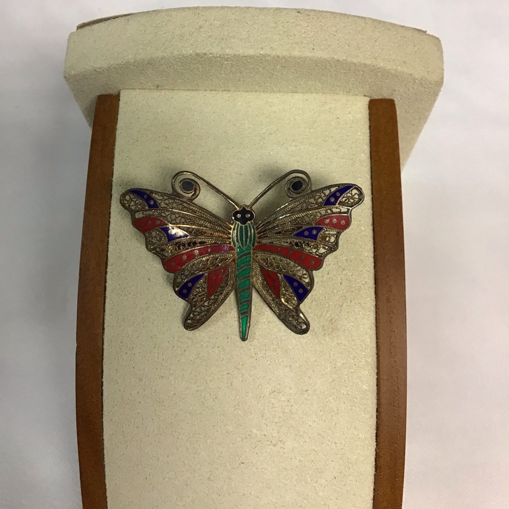 STERLING 925 TOPAZIO PORTUGAL FILIGREE ENAMEL BUTTERFLY PIN
